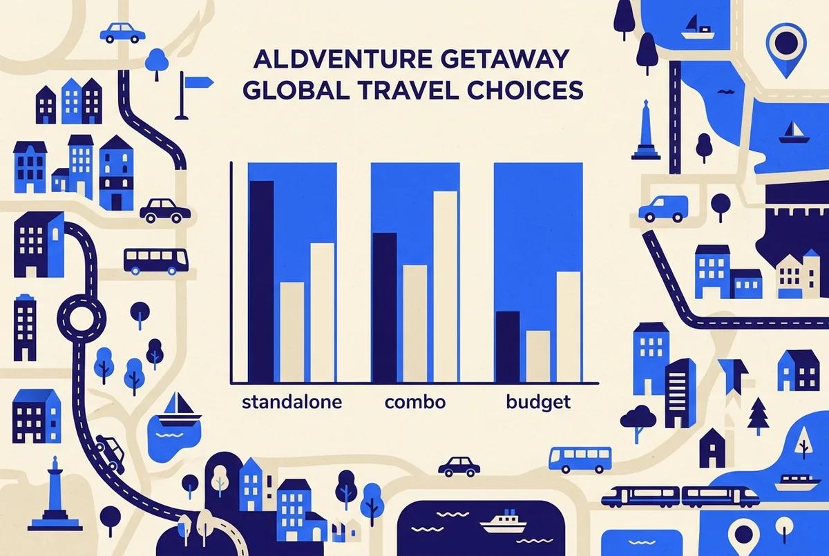 Simple side by side comparison chart icon showing price and duration bars for three trip types, standalone, combo and budget, flat infographic style, generic labels only