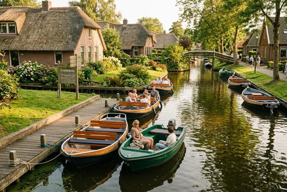 Editorial scene of several small tour boats and self-drive whisper boats moored side by side at a Giethoorn canal dock, generic wooden signpost with no readable text, soft afternoon light