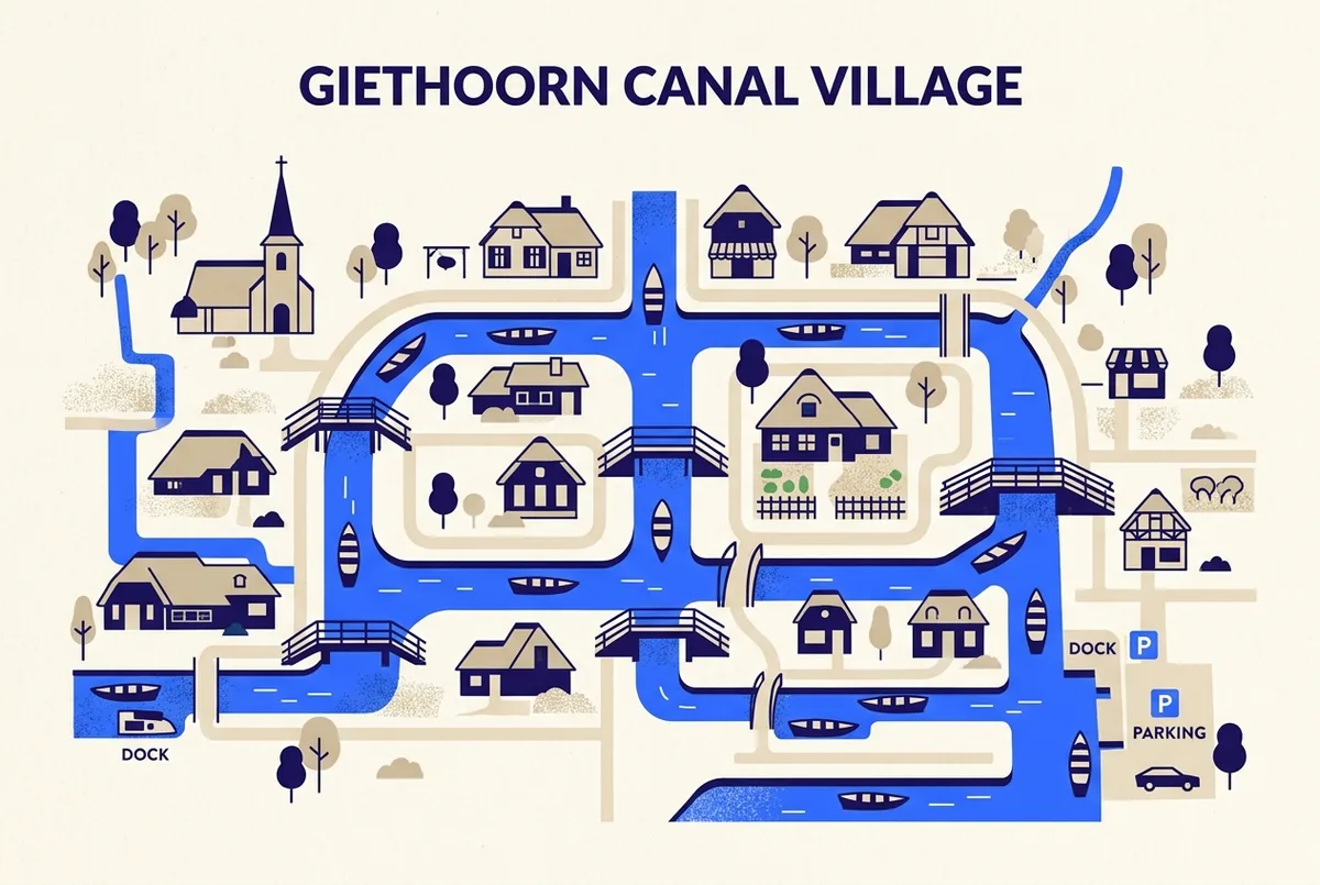 Map-style illustration of the Giethoorn canal village highlighting generic dock icons where Giethoorn boat tour companies are based, labeled only with generic terms like dock and parking, flat illustration style
