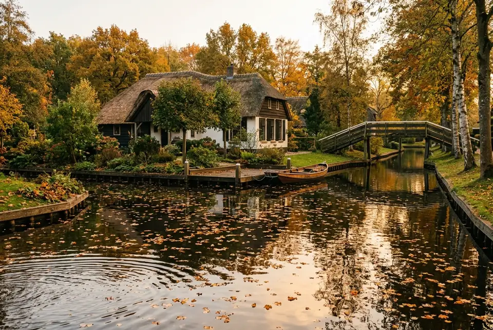 Giethoorn canal in soft autumn light with fallen leaves on the still water and a thatched farmhouse in the background, calm and quiet mood, no crowds