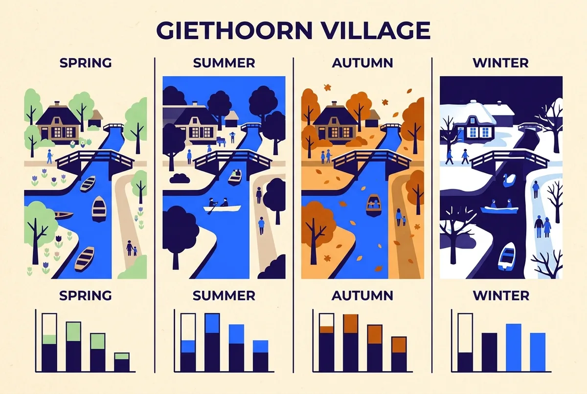 Simple four-season infographic for Giethoorn village with spring, summer, autumn and winter icons and relative crowd-level bars, flat style, generic labels only