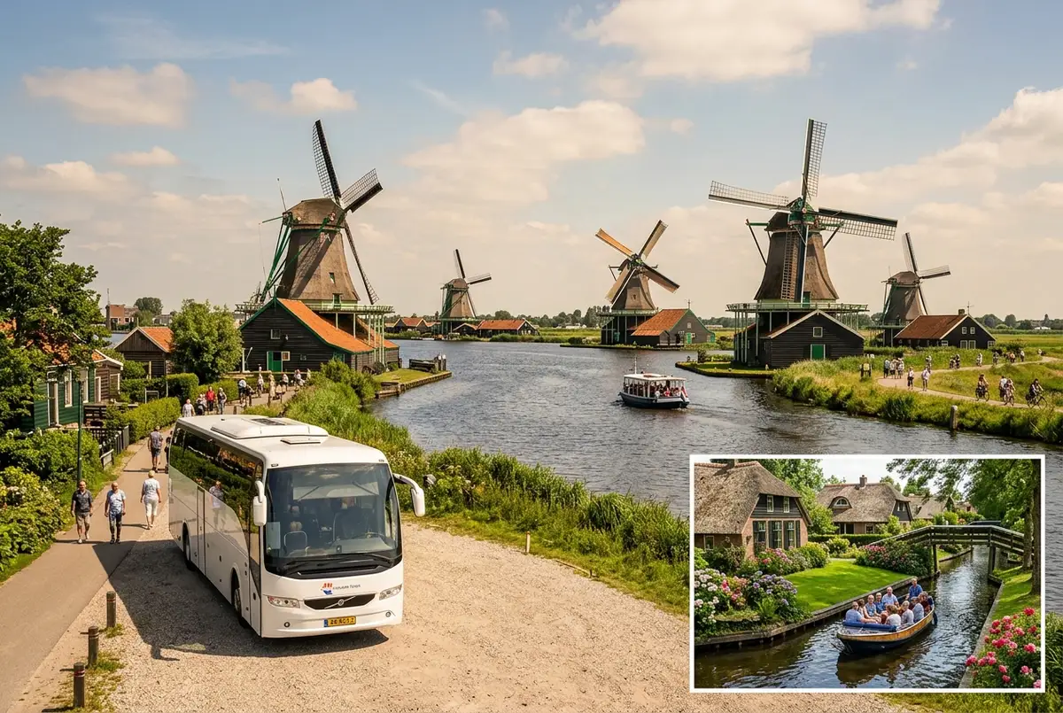 Reizigers stappen uit een touringcar bij de molens van Zaanse Schans in de ochtend, met een rondvaartboot in Giethoorn later op de dag als tweede momentopname, warm daglicht