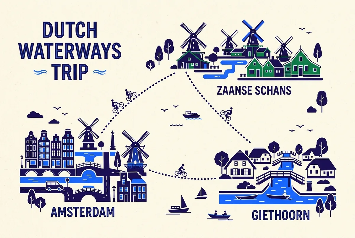 Simple route map showing Amsterdam, Zaanse Schans and Giethoorn connected by a dotted line in a triangle, flat infographic style, generic labels only