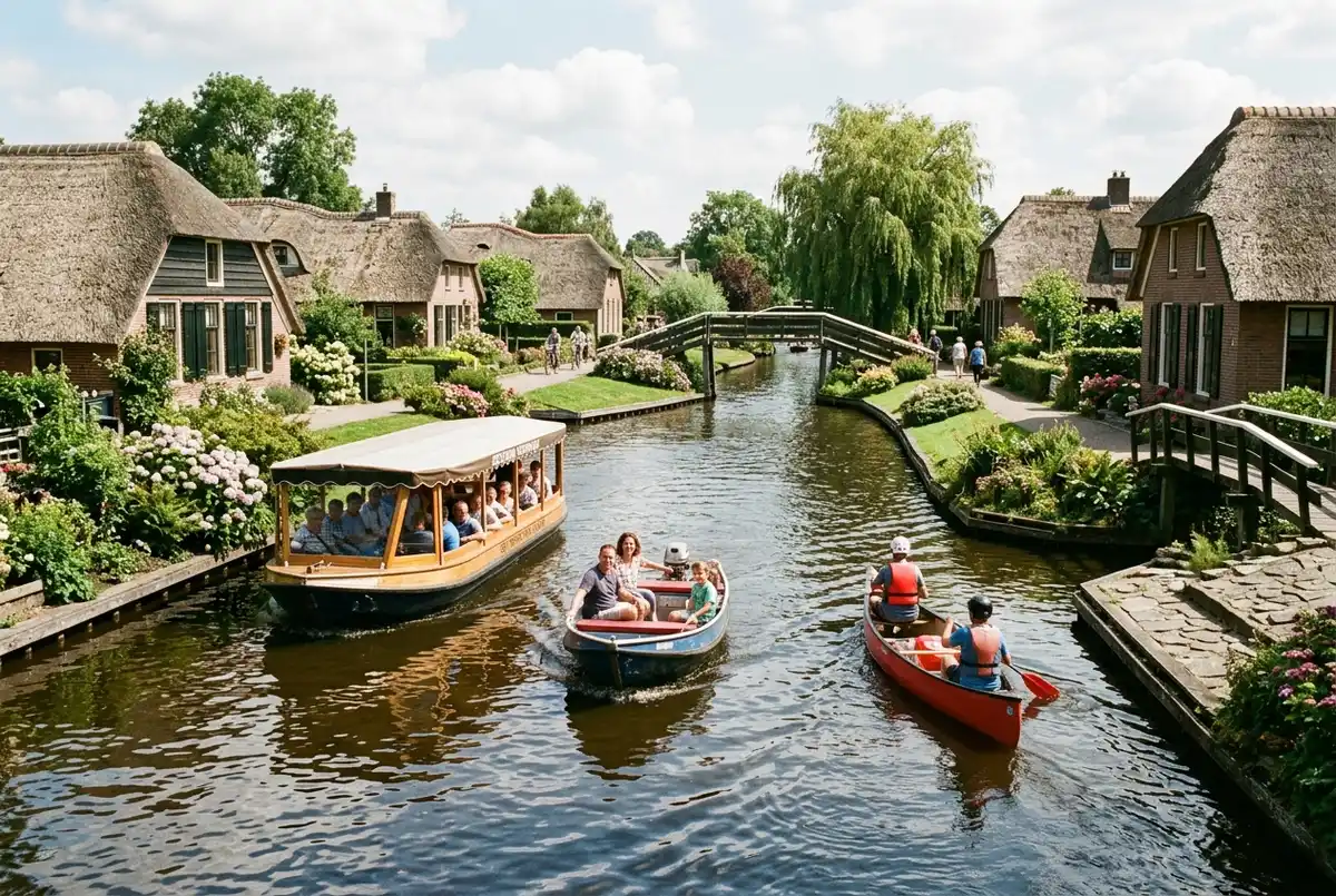 Breed zicht op een Giethoorn gracht met drie boten tegelijk, een overdekte begeleide rondvaartboot, een open zelfvaar fluisterboot en een kano, rieten boerderijen langs beide oevers, middaglicht