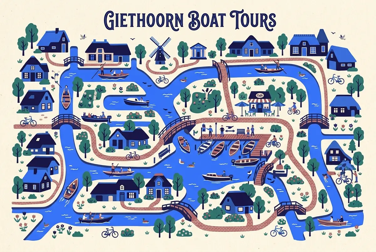 illustrated map of Giethoorn highlights for Giethoorn Boat Tours and Rentals: Every Way to See the Canals, giethoorn boat rental