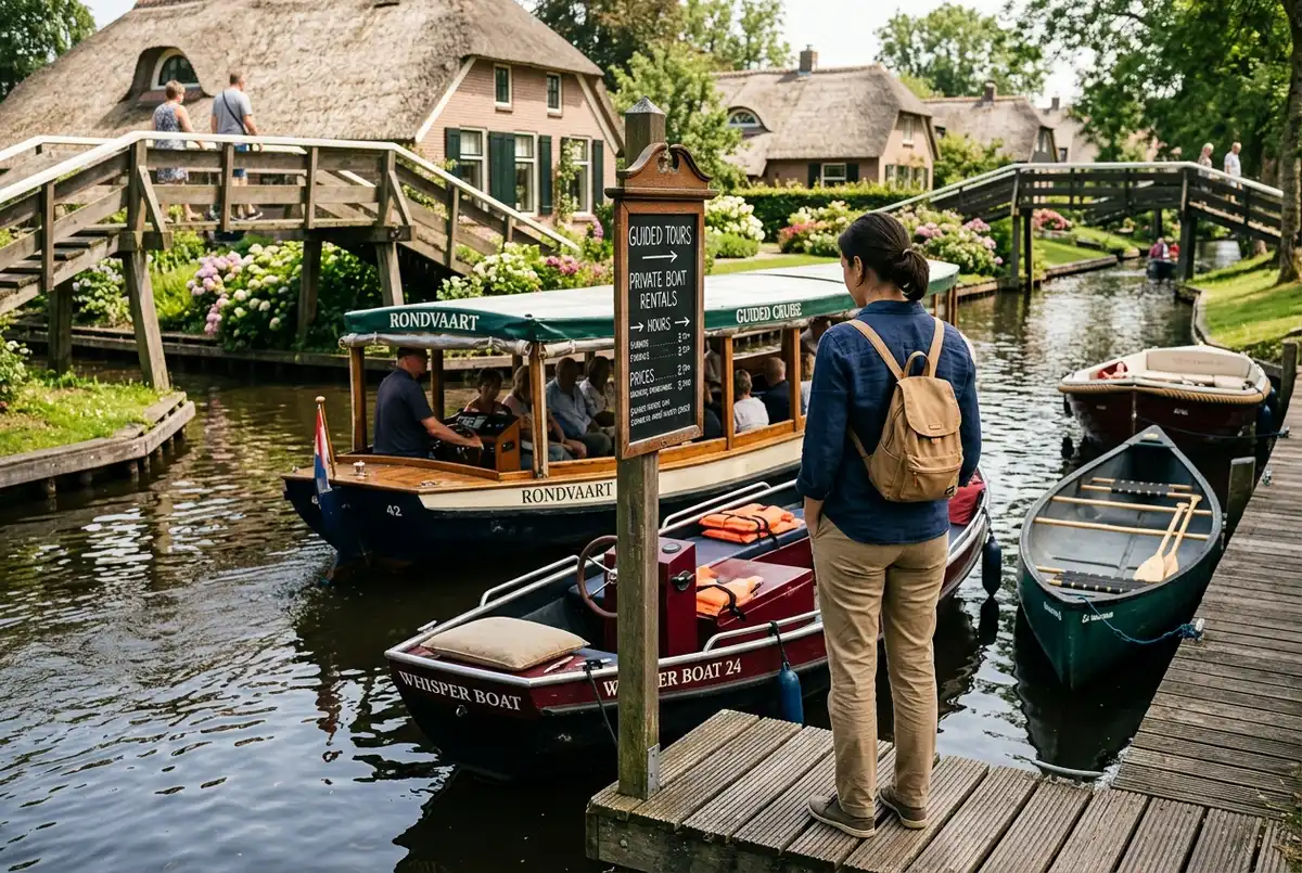 Viaggiatore in piedi su un molo di Giethoorn che guarda una piccola lavagna senza testo leggibile, con una barca da crociera guidata, una barca elettrica a noleggio e una canoa ormeggiate vicino, luce di mezzogiorno