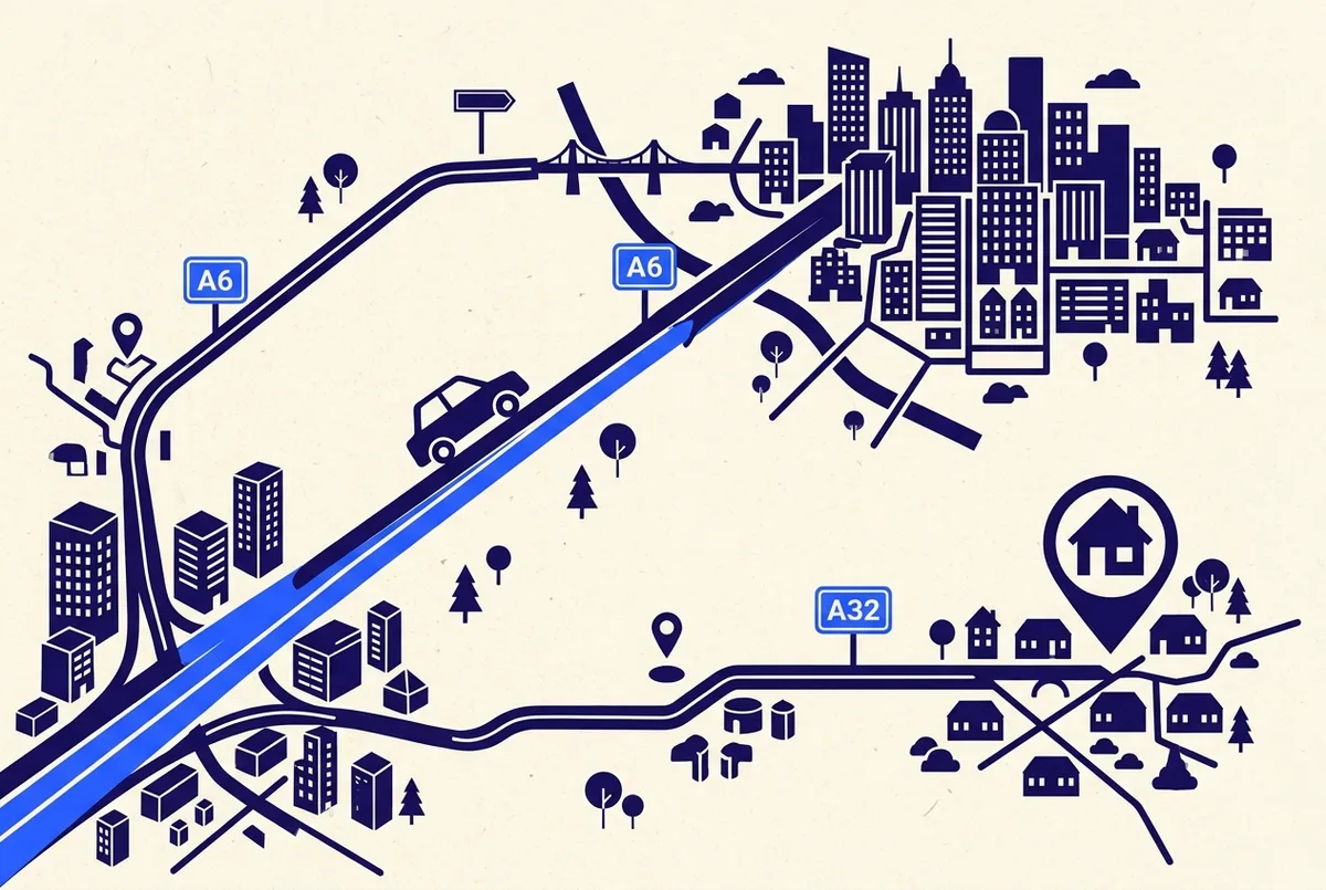Simple infographic driving route map from Amsterdam to Giethoorn via the A6 and A32 highways, a car icon and a village marker, flat style, generic labels only