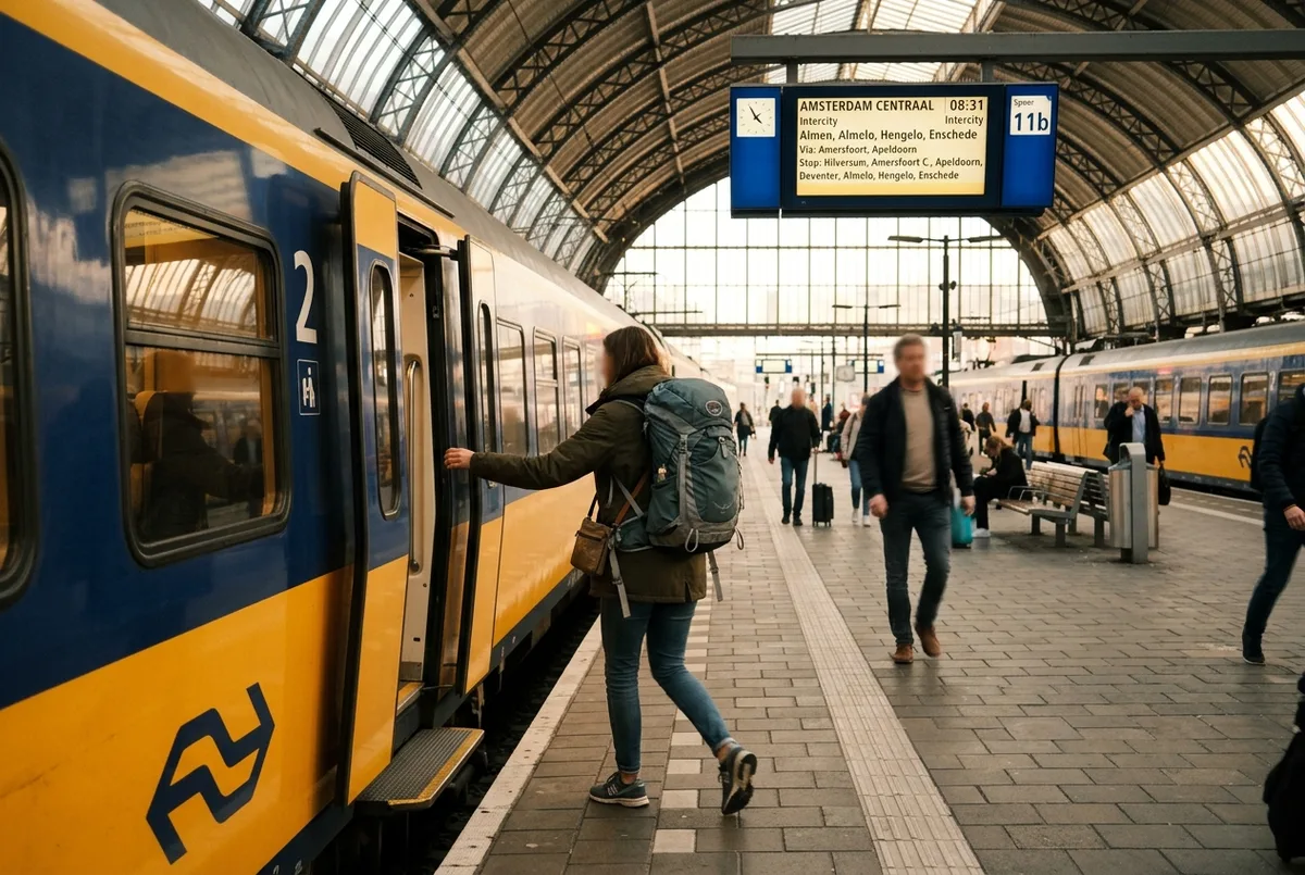 Traveler with a backpack boarding an NS intercity train at an Amsterdam Centraal platform, departure boards visible in the background, morning light