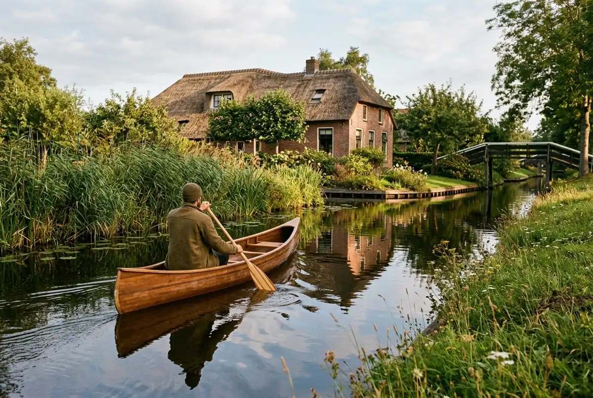 Person paddling a canoe along a quiet narrow Giethoorn canal, reeds and a thatched farmhouse in the background, calm water, early morning light, no motorboats nearby