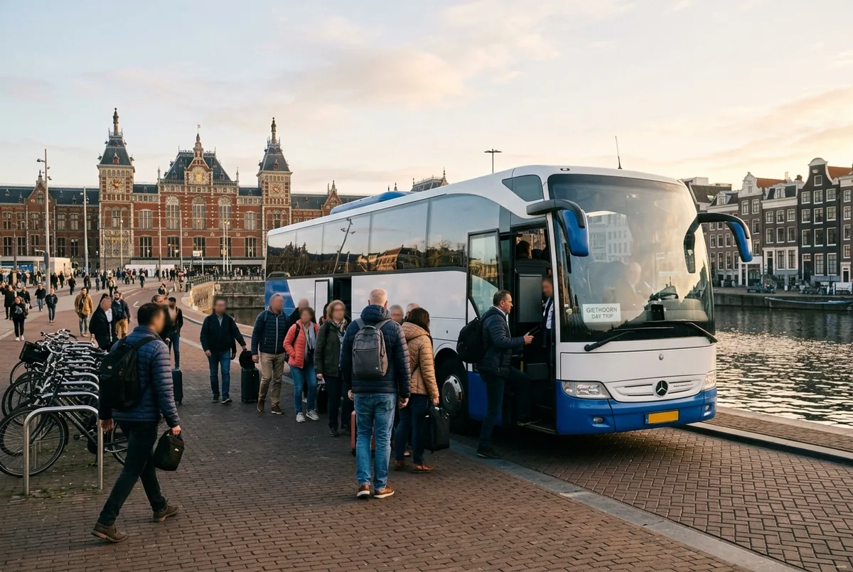 Tour coach parked near Amsterdam Centraal station with travelers boarding for a Giethoorn day trip, early morning light, canal houses visible in the background
