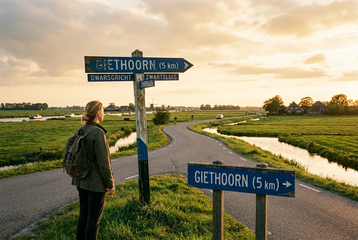 Scenic countryside road between Amsterdam and Giethoorn with a signpost toward Giethoorn visible, a traveler looking out at the flat Dutch landscape, golden hour light