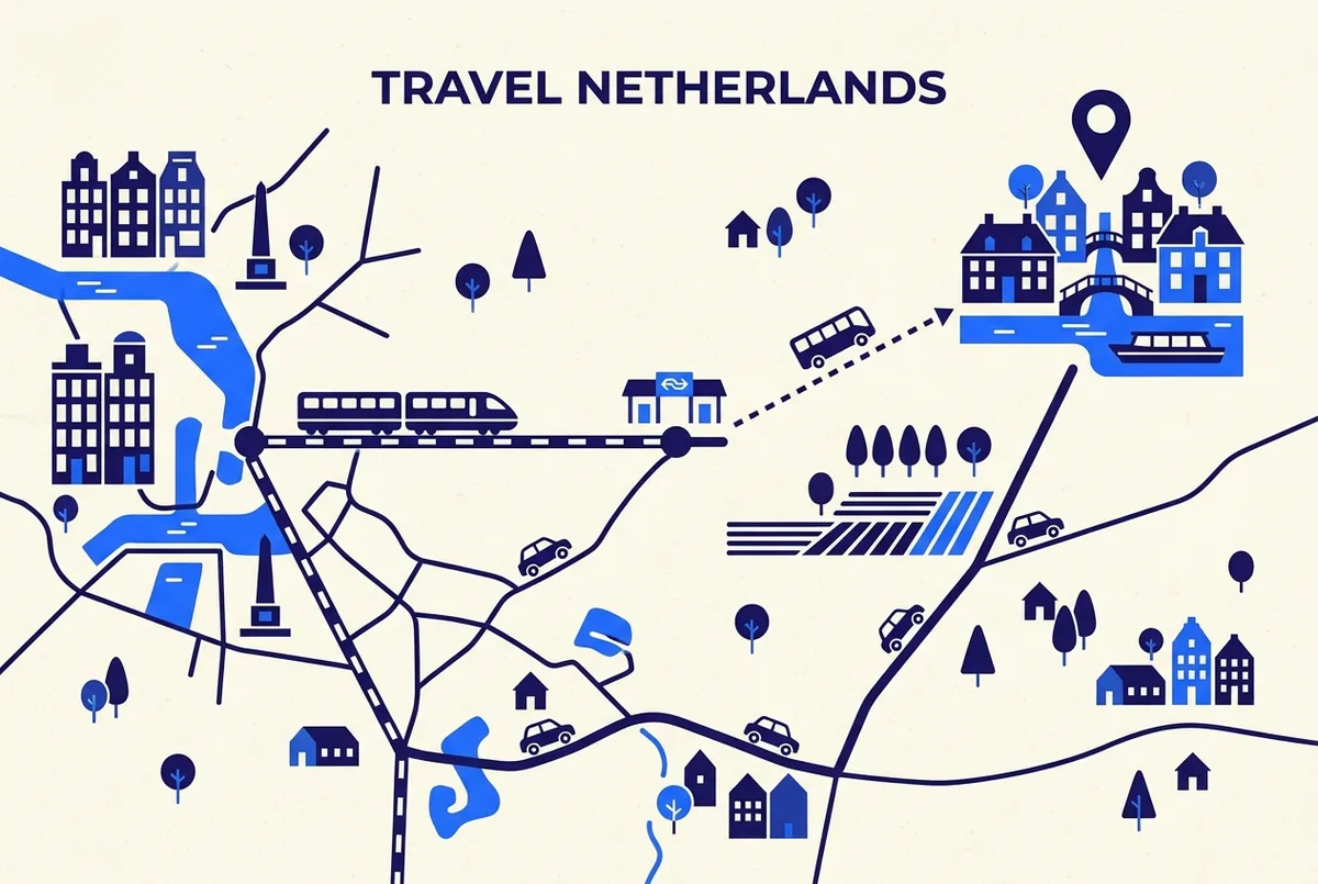 Simple route map from Amsterdam to Giethoorn showing a train line to a connecting station, a direct car route, and the Giethoorn village marker, flat infographic style, generic labels only