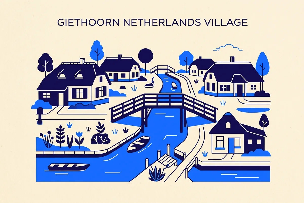 Giethoorn'daki birkaç sazdan çatılı evi ve ahşap köprüyü gösteren basit karşılaştırma infografiği, gerçek bir film bağlantısı olmadığını belirten genel görsel etiketler, düz infografik stil