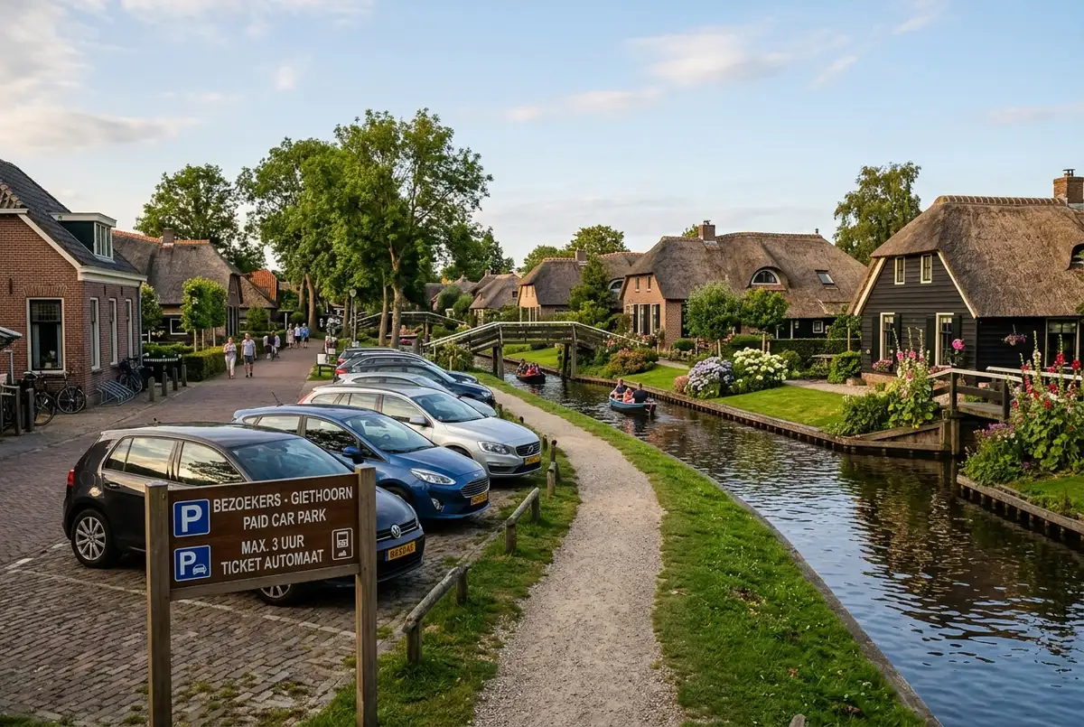 Giethoorn village entrance area with a paid car park sign and parked cars at the edge of the village, a canal path leading toward thatched farmhouses in the background