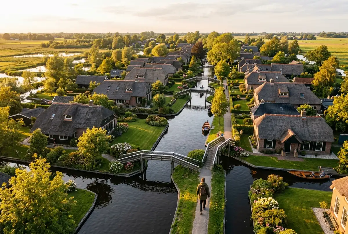 Aerial view of Giethoorn village at golden hour, thatched roof farmhouses lining narrow canals with small wooden footbridges, no roads visible, a traveler walking a canal path in the foreground
