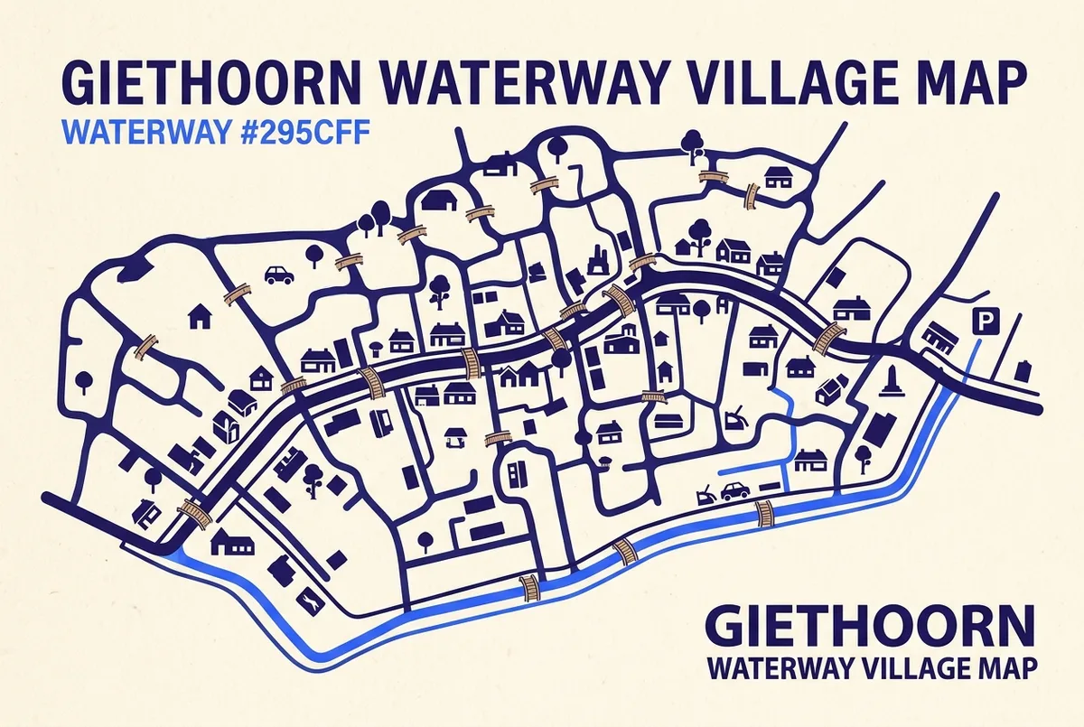 Simple illustrated map of Giethoorn's village layout showing the Binnenpad and Beulakerpad canal-side footpaths, wooden bridge icons connecting small peat islands, and a parking icon at the village edge, flat infographic style, generic labels only
