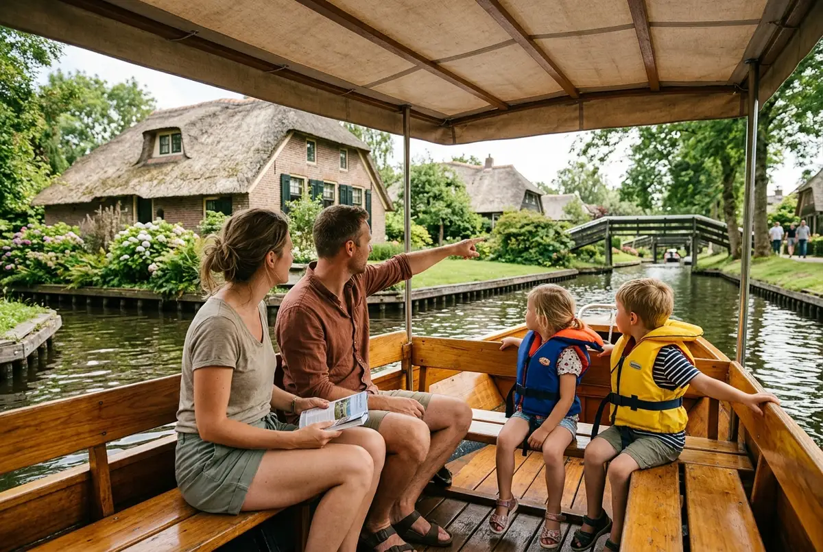 Family with two young children sitting together on a covered canal cruise boat in Giethoorn, parents pointing out a thatched farmhouse, soft midday light, life jackets visible on the kids
