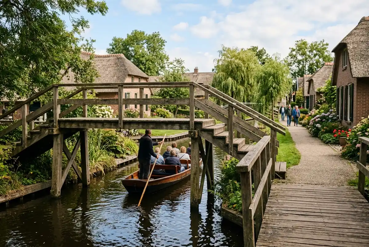 Scena ravvicinata a Giethoorn di un ponte ad arco in legno su un canale stretto con una piccola barca che passa sotto, luce di mezzogiorno, alcuni visitatori che camminano sul sentiero in lontananza