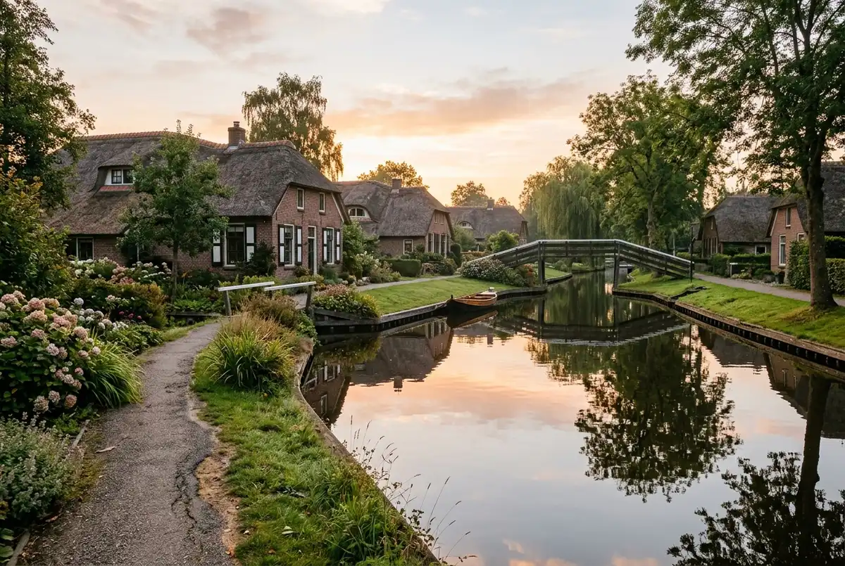 Quiet early morning view of a Giethoorn canal with thatched farmhouses reflected in still water, an empty footpath, soft morning light