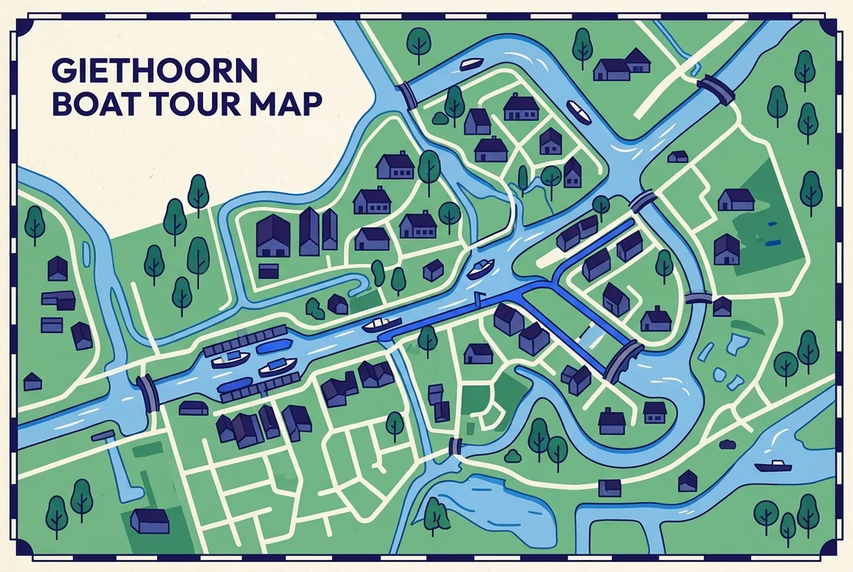 Map style illustration showing Giethoorn canal routes and boat docks for a giethoorn boat tour