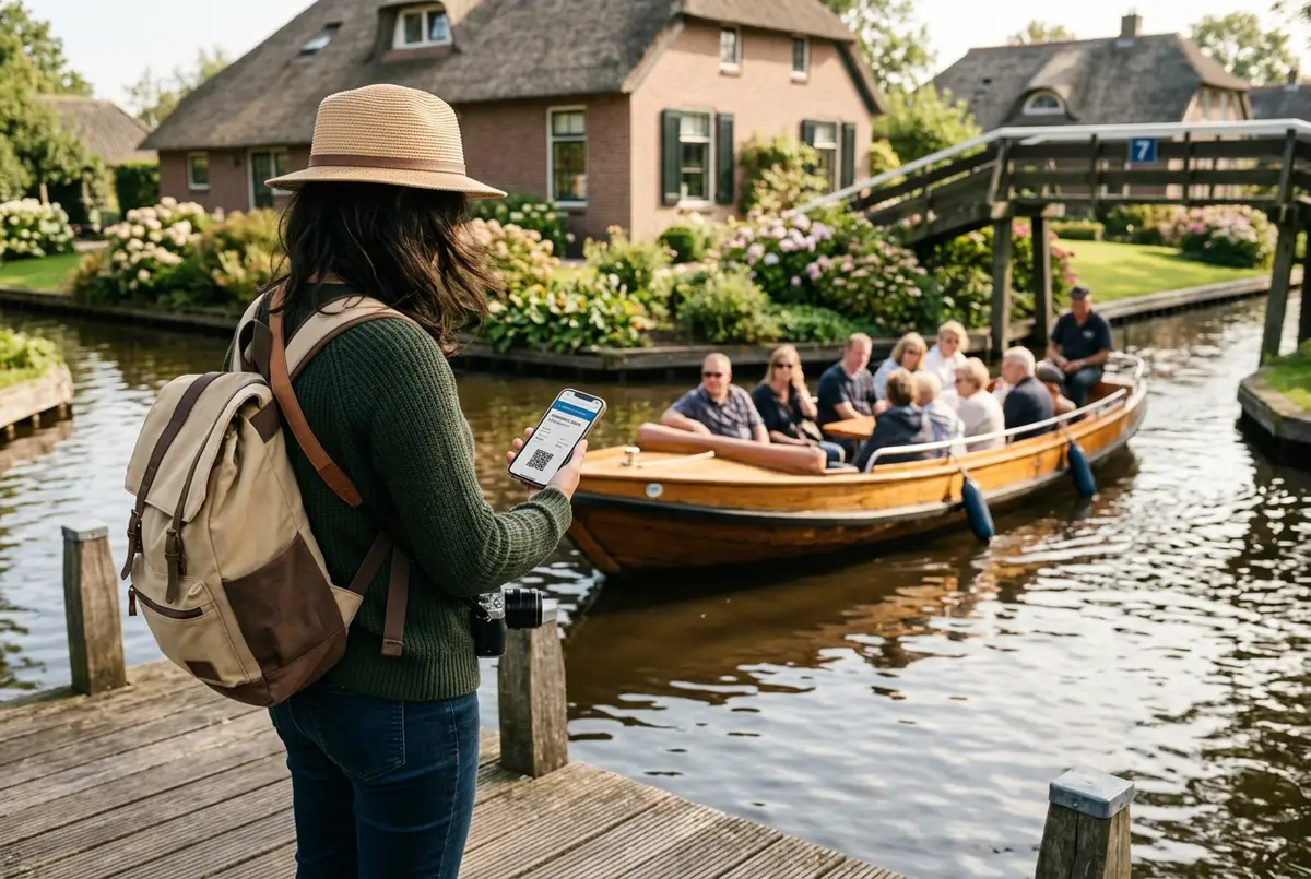 Reiziger reserveert een bootje in Giethoorn en toont de boekingsbevestiging op een telefoon aan een medewerker bij een houten steiger, rondvaartboot aangemeerd op de achtergrond, ochtendlicht