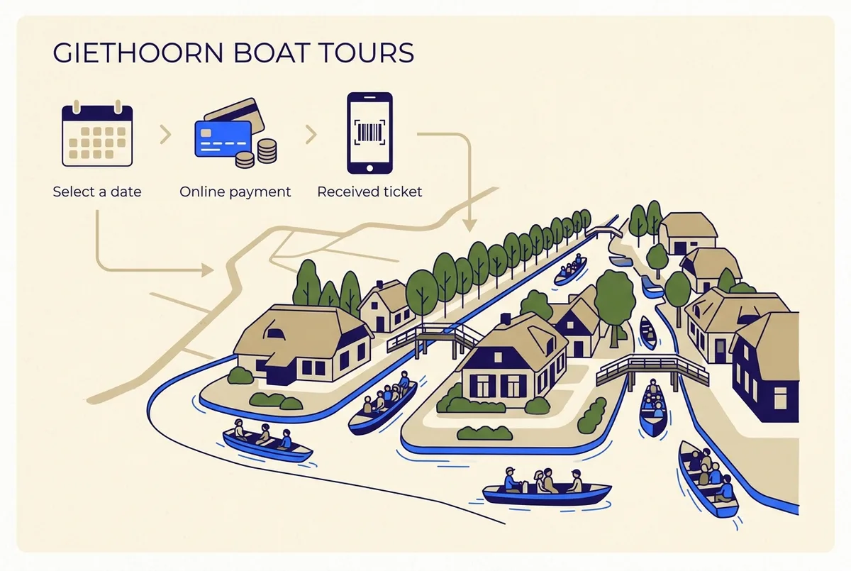 Reiziger die op een telefoon een bootje in Giethoorn reserveert naast een houten steiger met een rondvaartboot op de achtergrond, zonnige ochtend, geen tekst in beeld