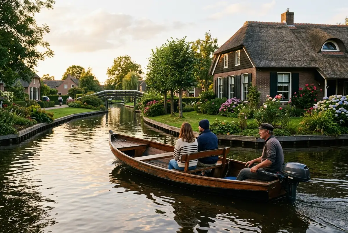 Small open boat with a local captain at the wheel and one couple seated alone aboard, no other passengers, gliding past a quiet Giethoorn canal bend with a thatched farmhouse, soft golden hour light