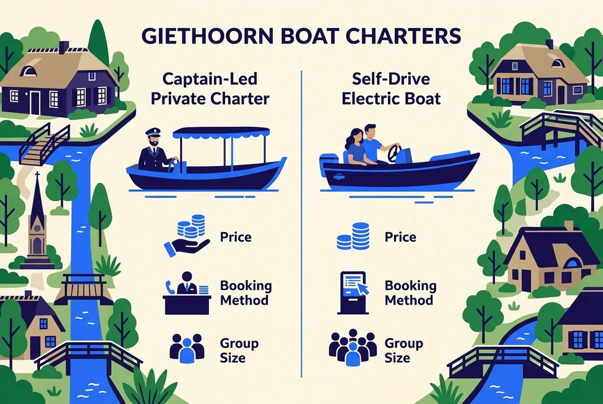 Simple side-by-side infographic comparing a captain-led private charter and a self-drive electric boat in Giethoorn, icons for price, booking method and group size, flat infographic style, generic labels only
