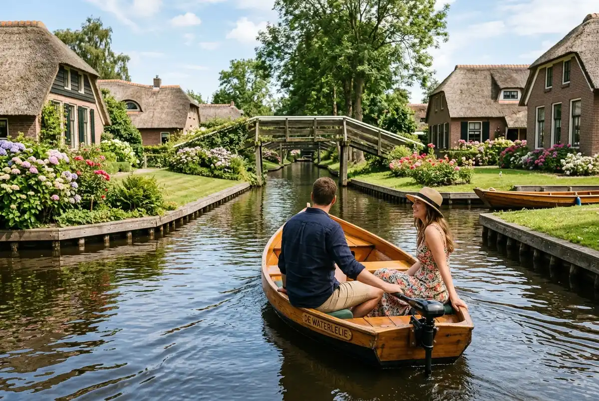 Klein open elektrisch fluisterboot waarin een stel zelf stuurt door een smalle Giethoorn gracht, houten boogbrug op de achtergrond, helder middaglicht, geen gids aan boord