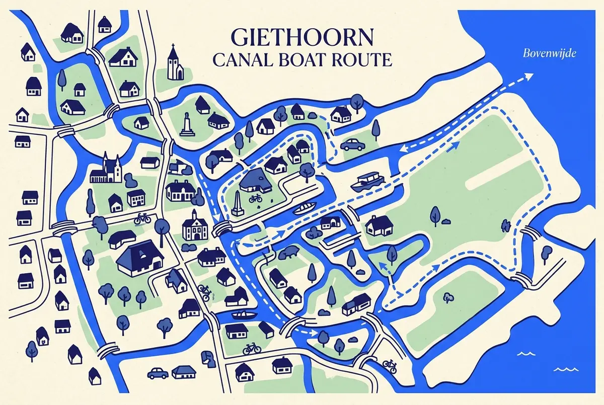 Overzichtskaart-infographic van het grachtennetwerk van Giethoorn met een voorgestelde fluisterboot-route van het dorpscentrum naar het open meer, platte infographic stijl, alleen algemene labels