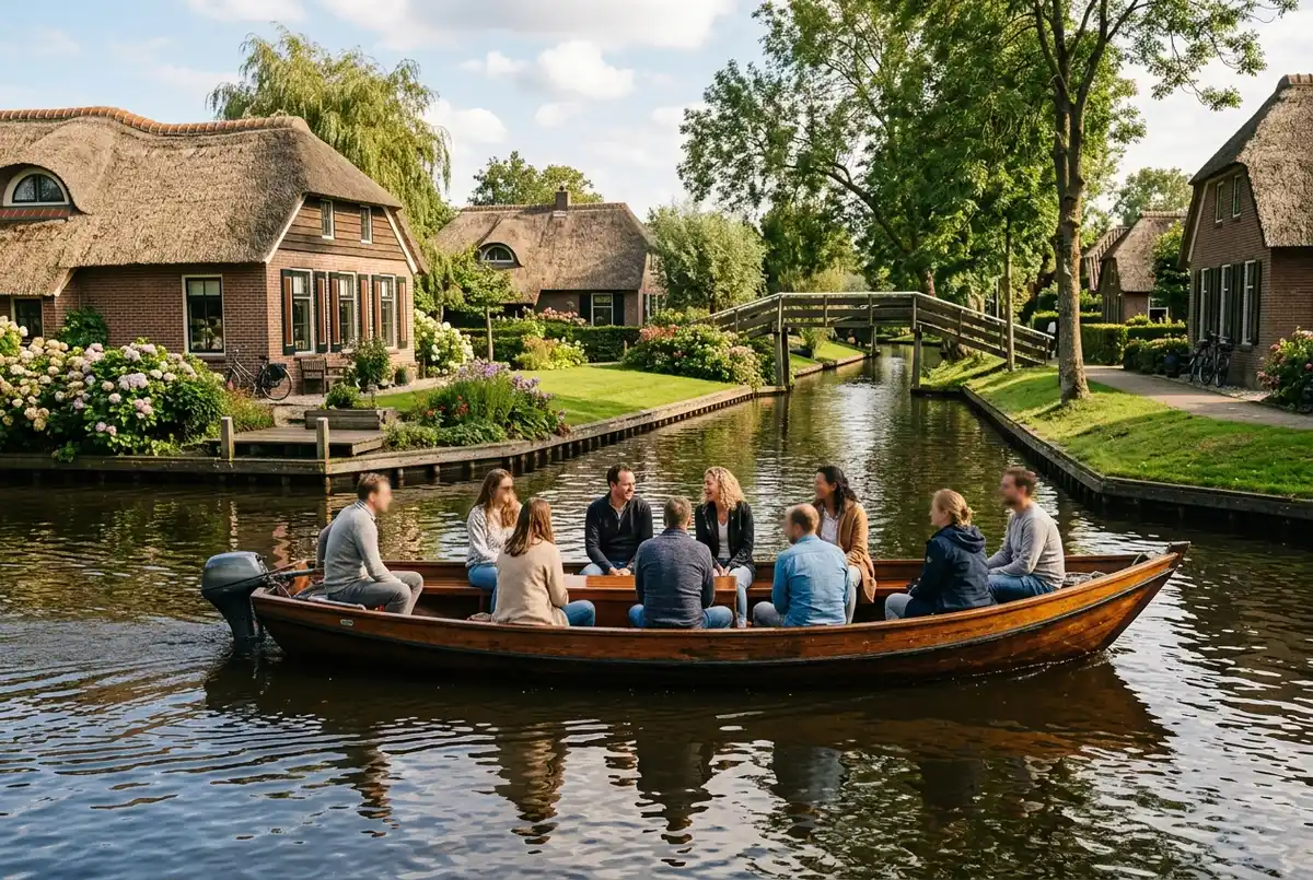 Grotere open sloep met een groep van acht mensen die samen door een brede Giethoorn gracht vaart, rieten boerderijen op de achtergrond, zonnige namiddag