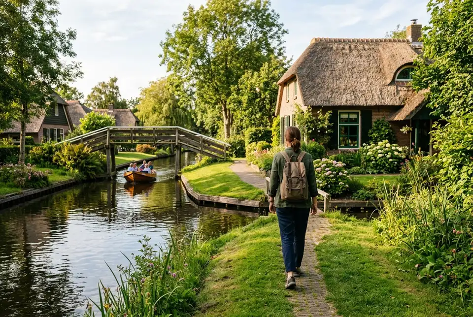 Viaggiatore che cammina lungo un sentiero stretto sul canale a Giethoorn davanti a una casa col tetto di paglia e un ponte ad arco in legno, luce calda del pomeriggio, una piccola barca che passa sull'acqua