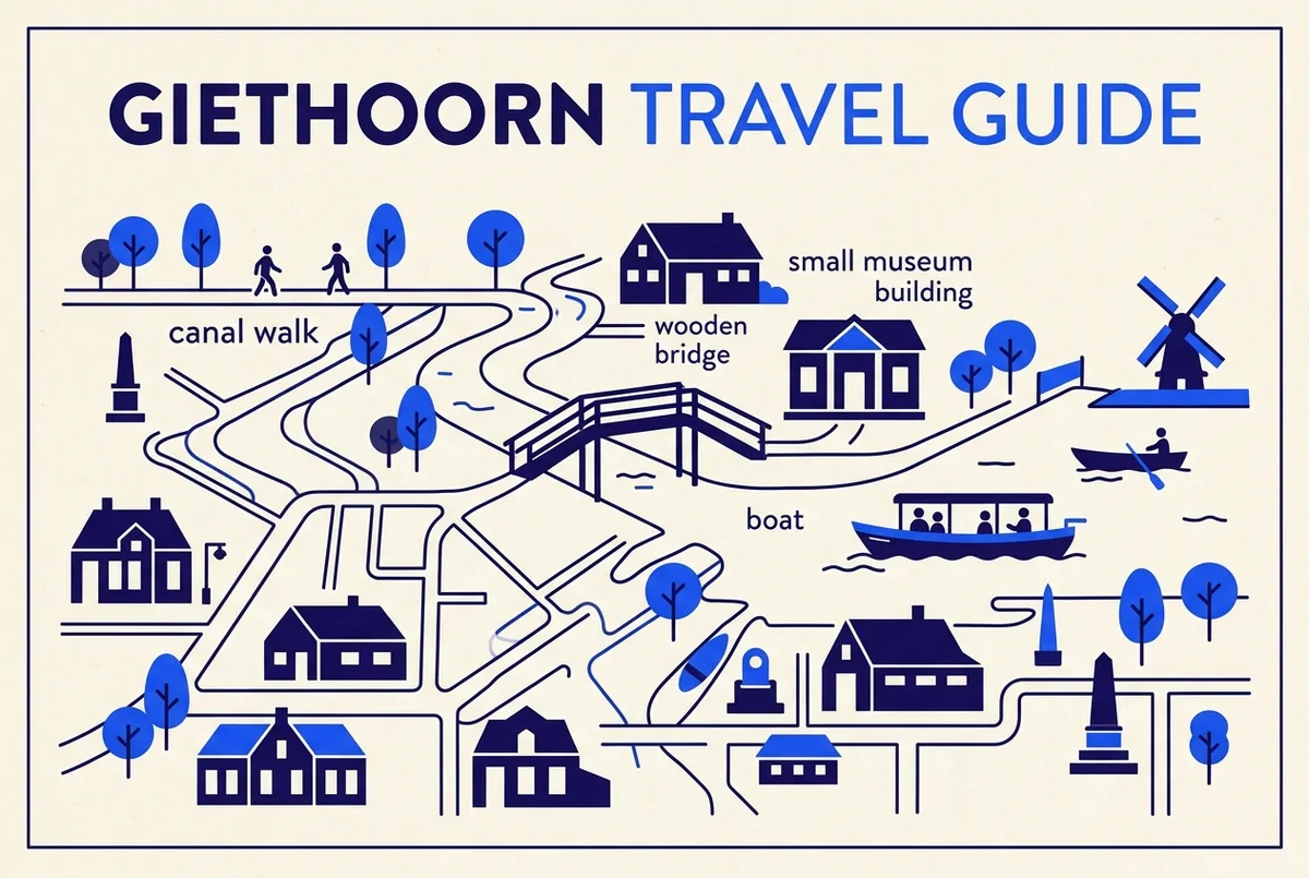 Flache Infografik mit einfachen Symbolen für Giethoorn-Aktivitäten: ein Grachtenspaziergang, eine Holzbrücke, ein kleines Museumsgebäude und ein Boot, flacher Icon-Stil, nur allgemeine Beschriftungen