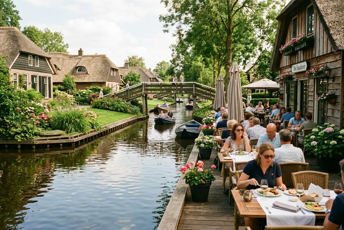Waterside restaurant terrace along a Giethoorn canal with outdoor tables near a wooden footbridge, diners having lunch, soft afternoon light