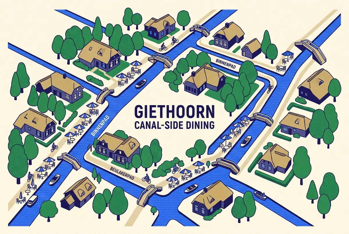 Simple illustrated map of Giethoorn highlighting canal-side dining clusters along the Binnenpad and Beulakerpad footpaths, flat infographic style, generic labels only