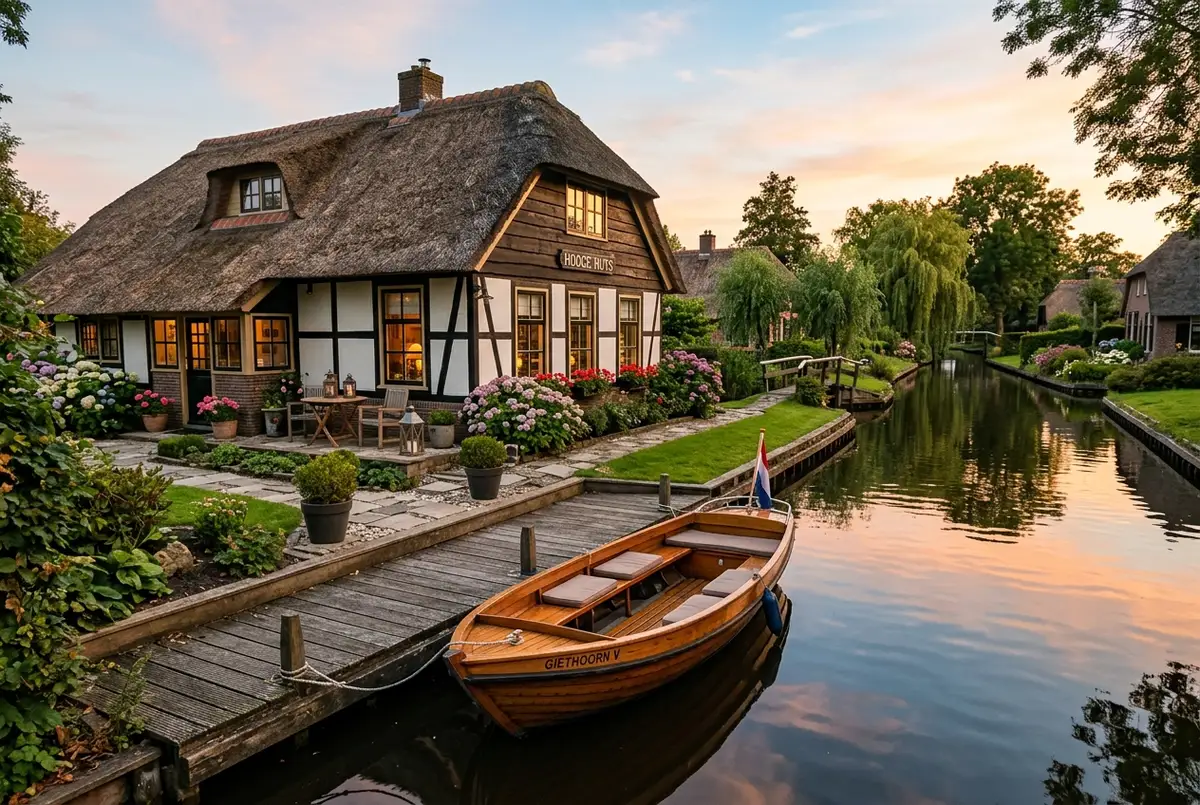 Small canal-side bed and breakfast in Giethoorn with a thatched roof and a boat moored at the private dock, warm evening light
