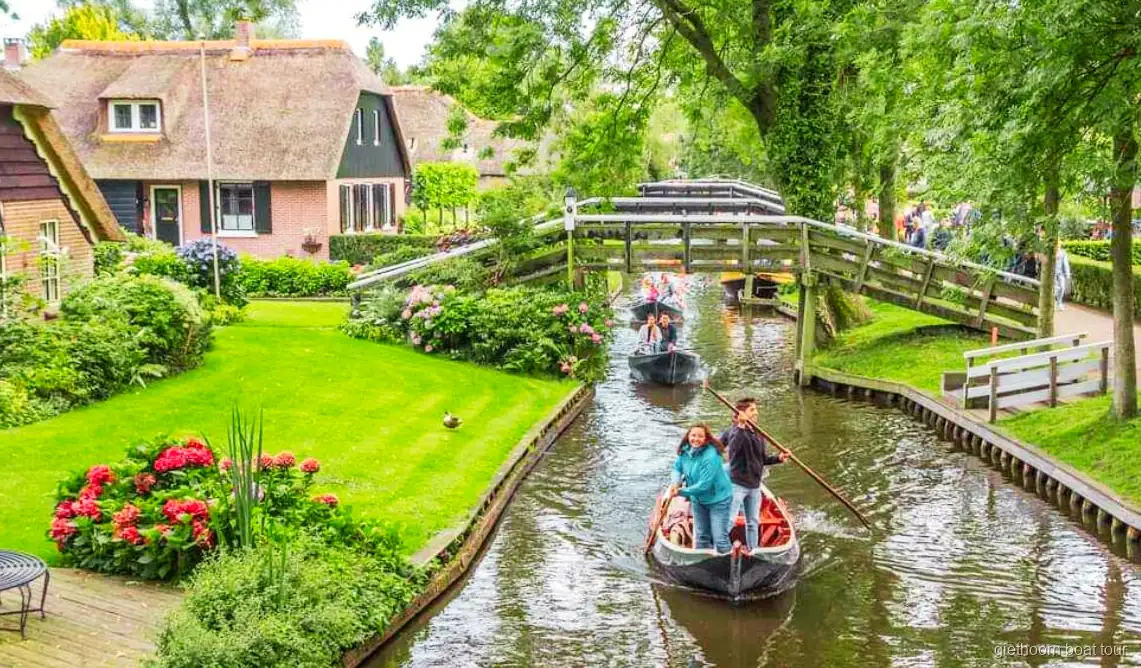 Canal cruise boat in Giethoorn on the guided day trip from Amsterdam