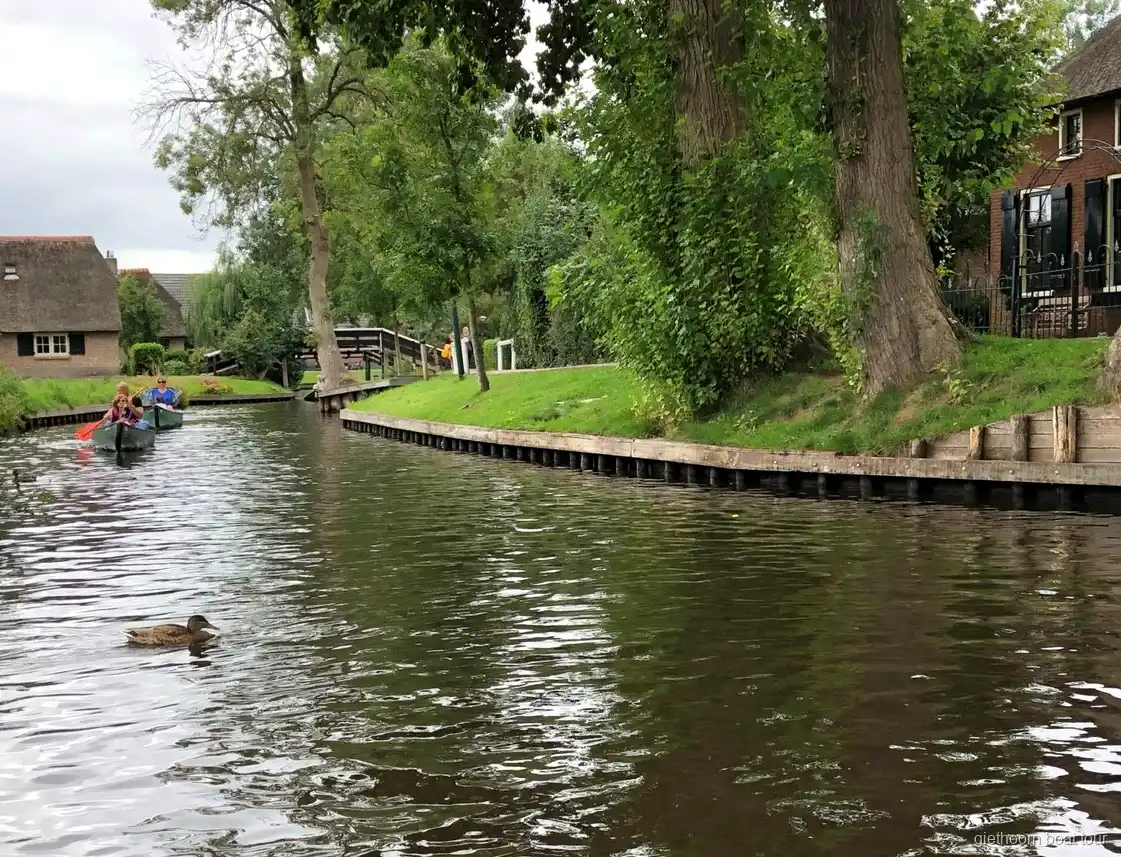 Giethoorn'da ahşap kemerli bir köprünün yanından geçen kendin kullan tekne