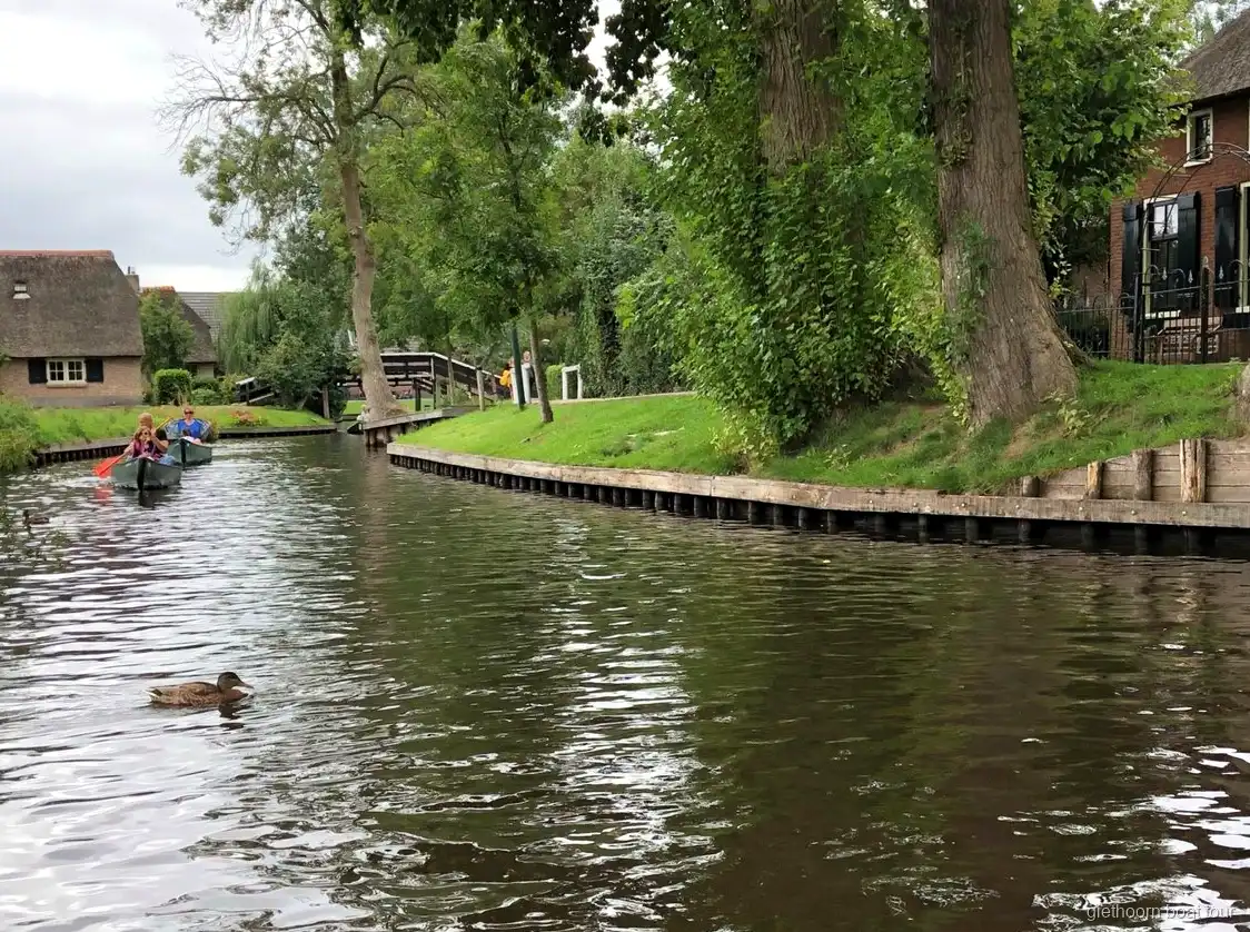 Barca a noleggio senza patente che passa un ponte ad arco in legno a Giethoorn